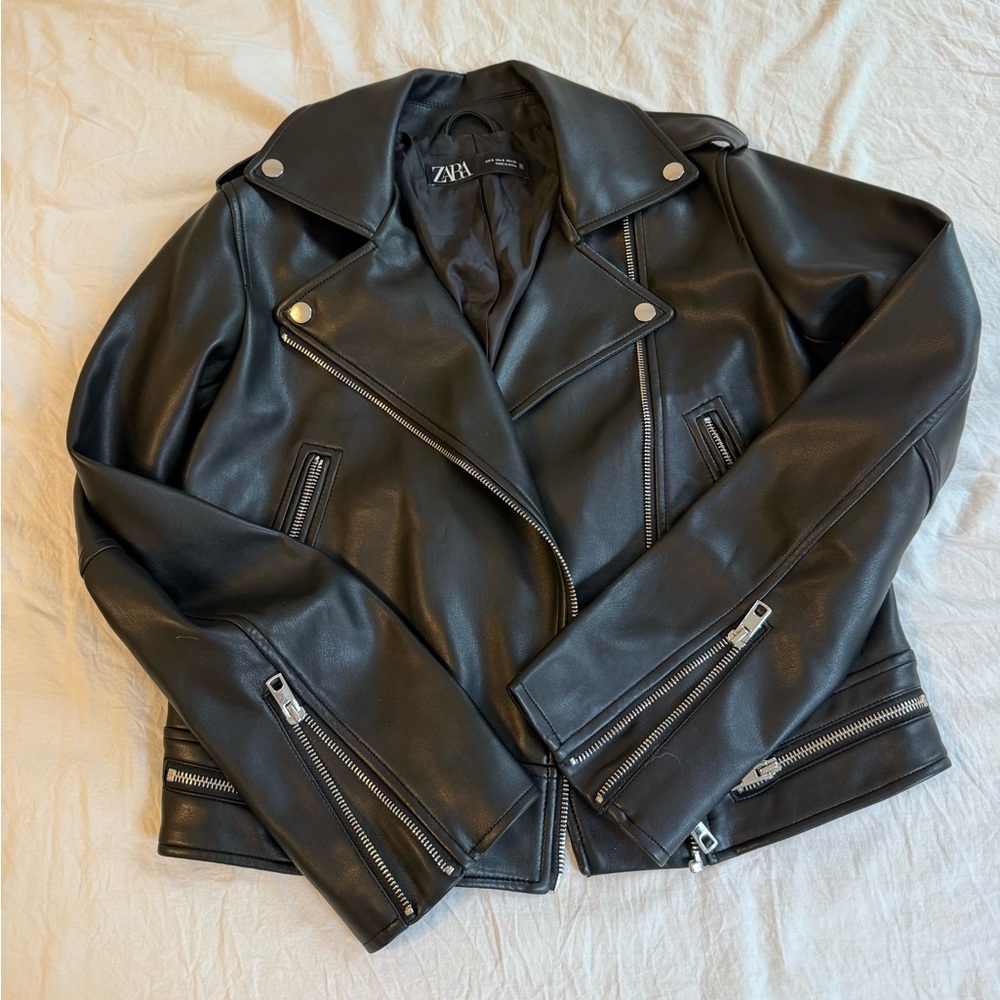 ZARA Black Faux Leather Moto Jacket with Silver Zippers